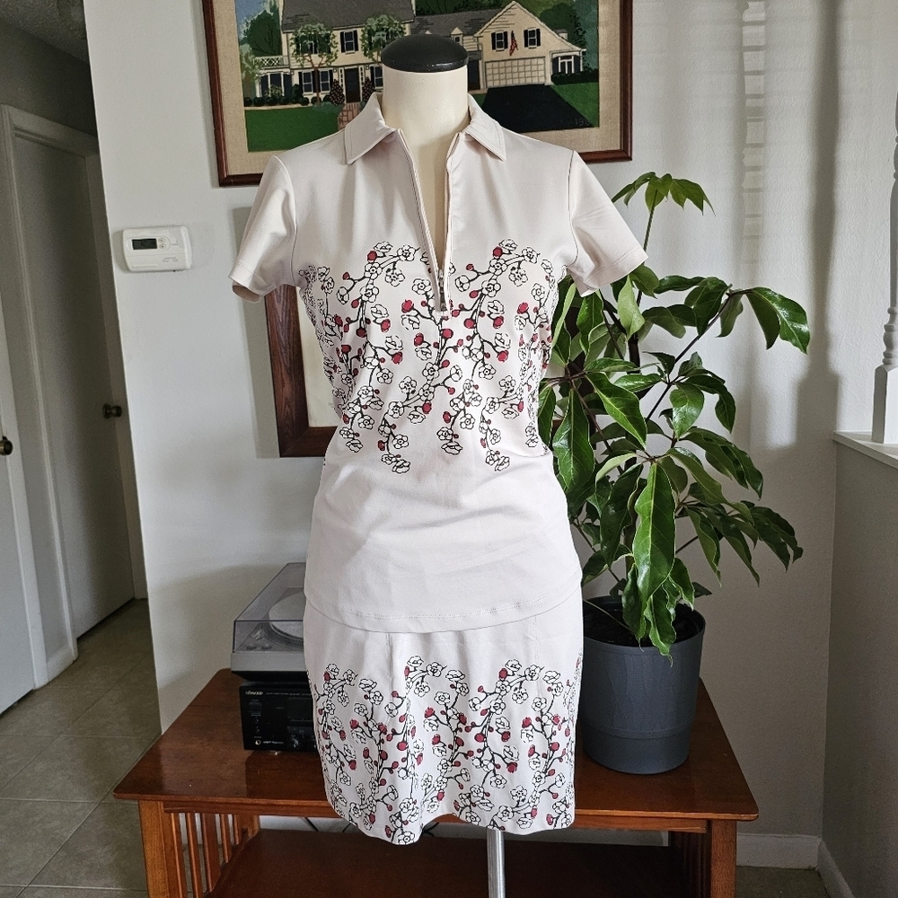 Jofit beige floral preppy demure feminine golf tennis shirt and skort set